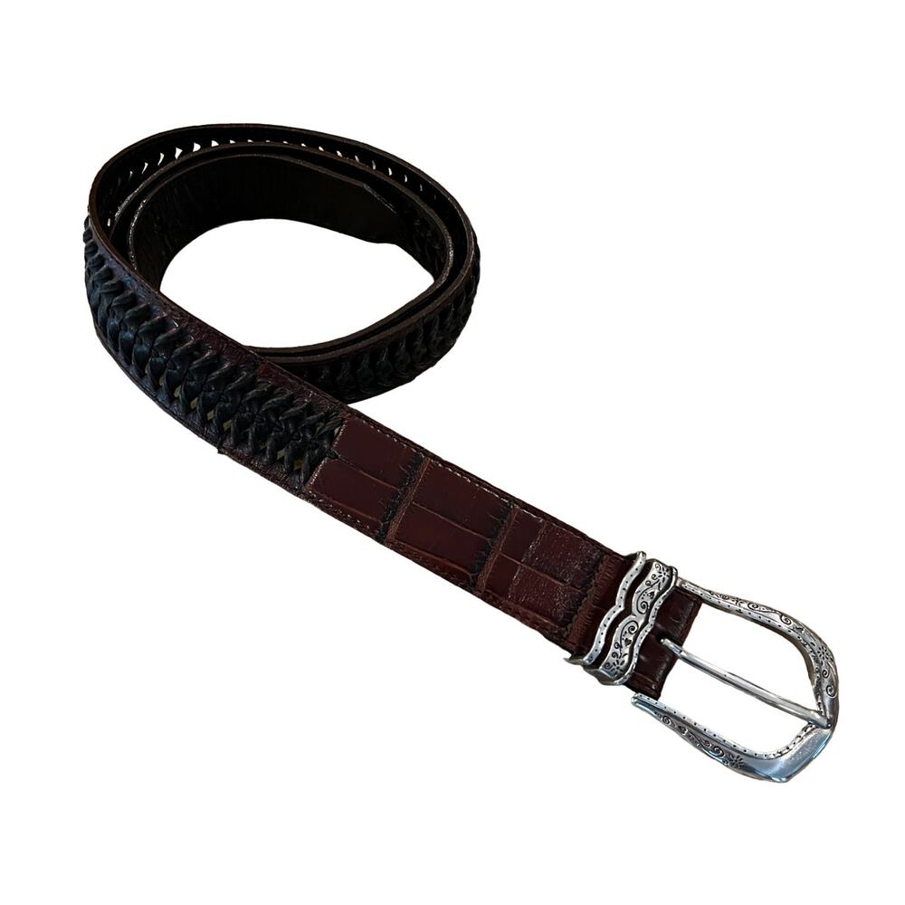 Brighton Brown Crocodile W/Black Braid/Weave Belt W/Silver Buckle - SIZE XL 36